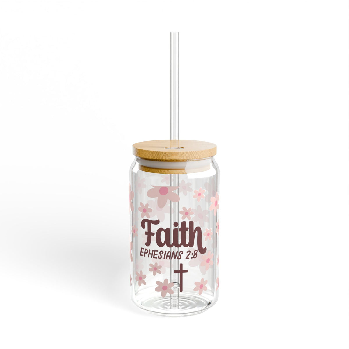 Faith Ephesians 2:8 Floral Christian Tumbler Sipper Glass 16oz — Reusable Drink Jar with Lid & Straw