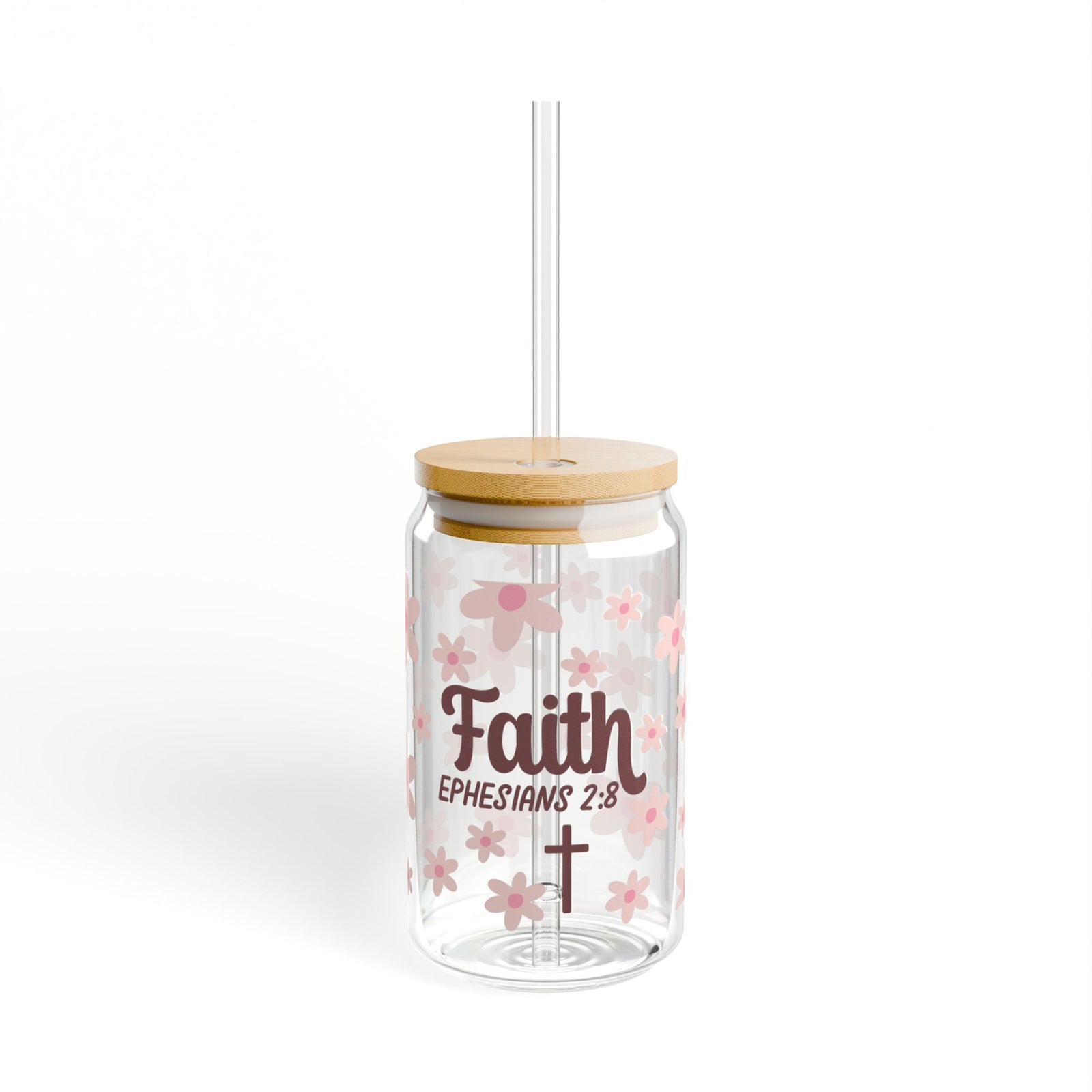 Faith Ephesians 2:8 Floral Christian Tumbler Sipper Glass 16oz — Reusable Drink Jar with Lid & Straw