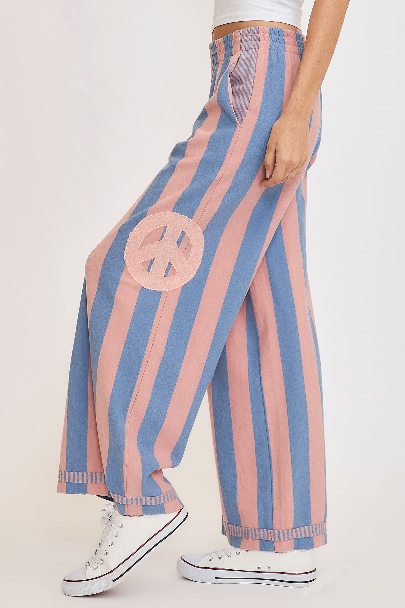 Umgee Peace Sign Patch Striped Wide Leg Pants - Sydney So Sweet