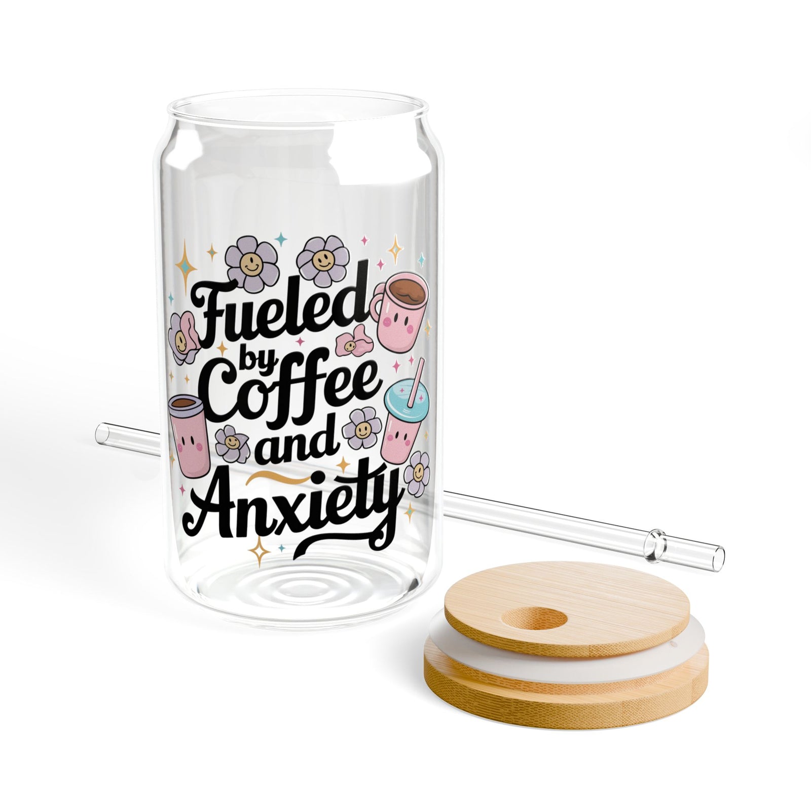 Fueled By Iced Coffee & Anxiety Kawaii Sipper Glass 16oz Reusable Drink Jar with Lid & Straw
