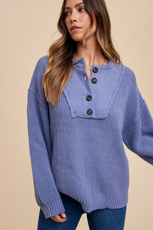 Annie Wear Half Button Ribbed Hem Sweater - Sydney So Sweet