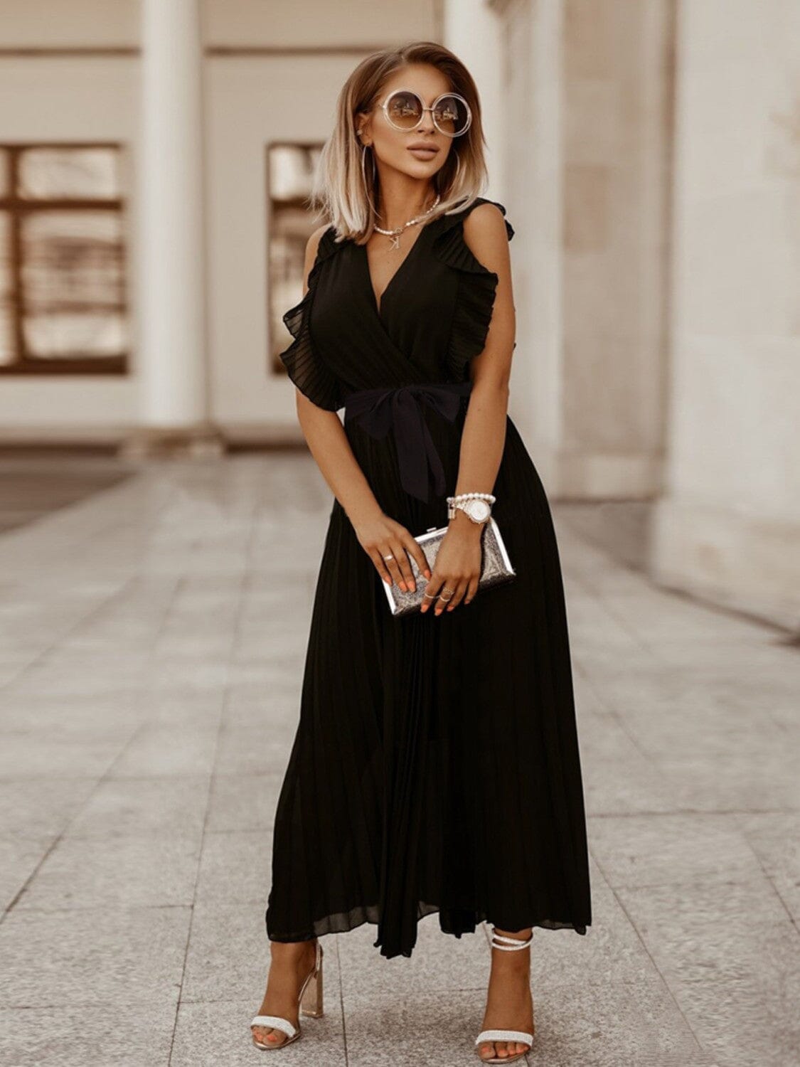 Tied Surplice Cap Sleeve Pleated Dress - Sydney So Sweet