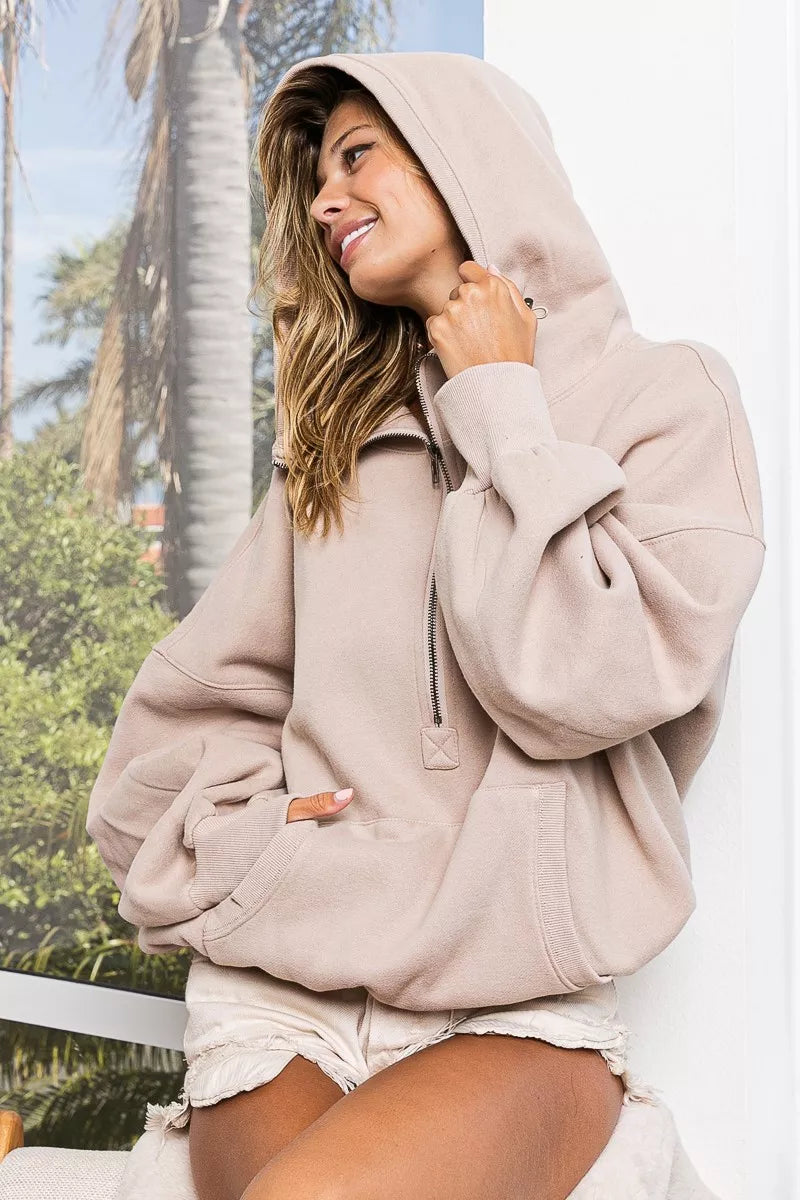 BiBi Stitch Detailed Elastic Hem Half Zip Fleece Hoodie - Sydney So Sweet