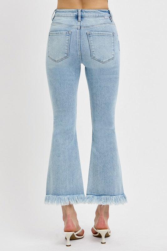 RISEN Full Size Raw Hem Distressed Cropped Flare Jeans Plus Size - Sydney So Sweet