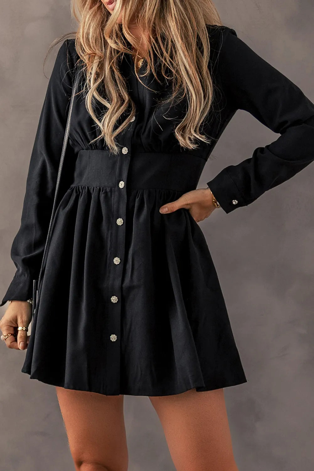 Ruched Button Up Long Sleeve Dress - Sydney So Sweet