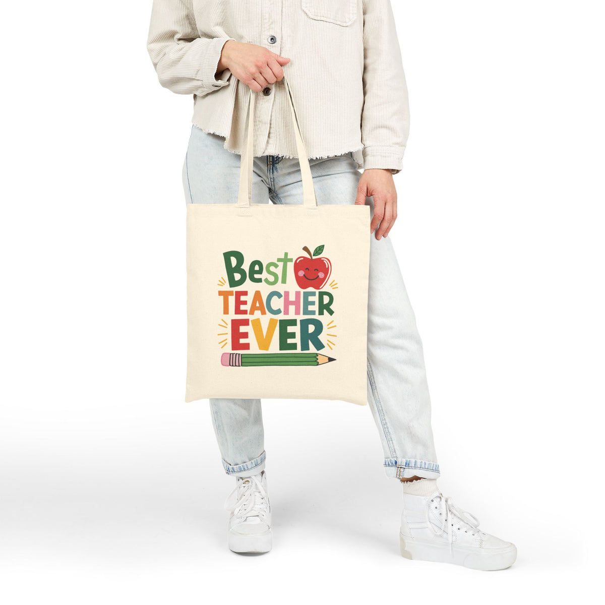 Best Teacher Ever Tote Cute Apple & Pencil Teacher Appreciation Cotton Canvas Bag