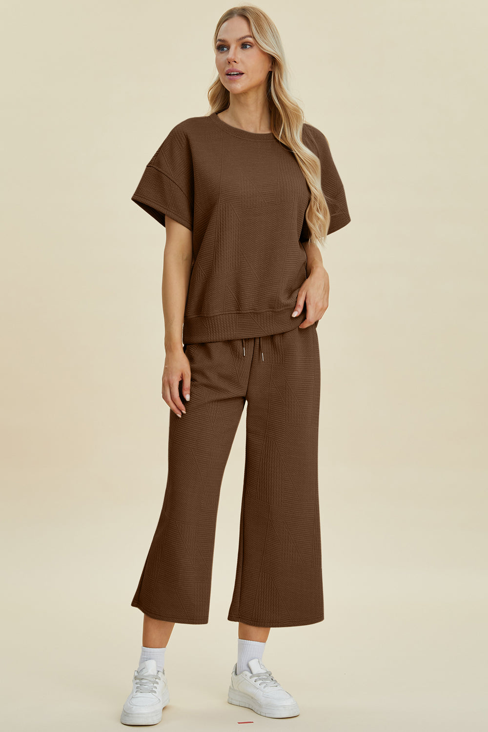 Double Take Full Size Texture Round Neck Top and Pants Set - Sydney So Sweet