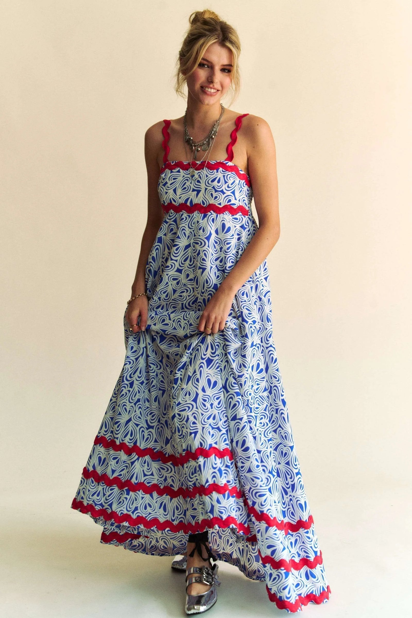 Davi & Dani Geo 2 Tone Printed Wavi Trim Tiered Maxi Dress - Sydney So Sweet
