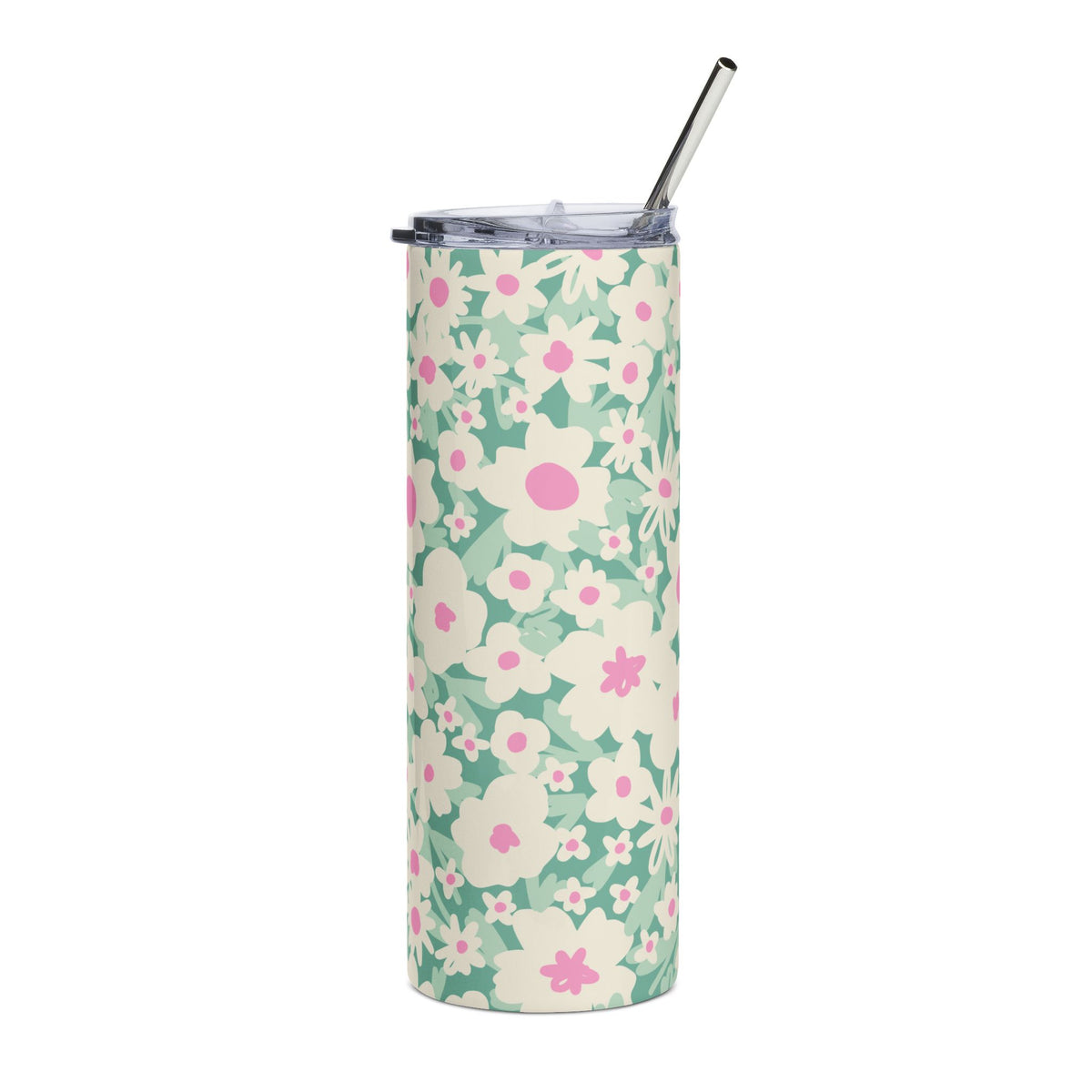 Pastel Pink & Green Daisy 20oz Floral Stainless Tumbler Travel Cup