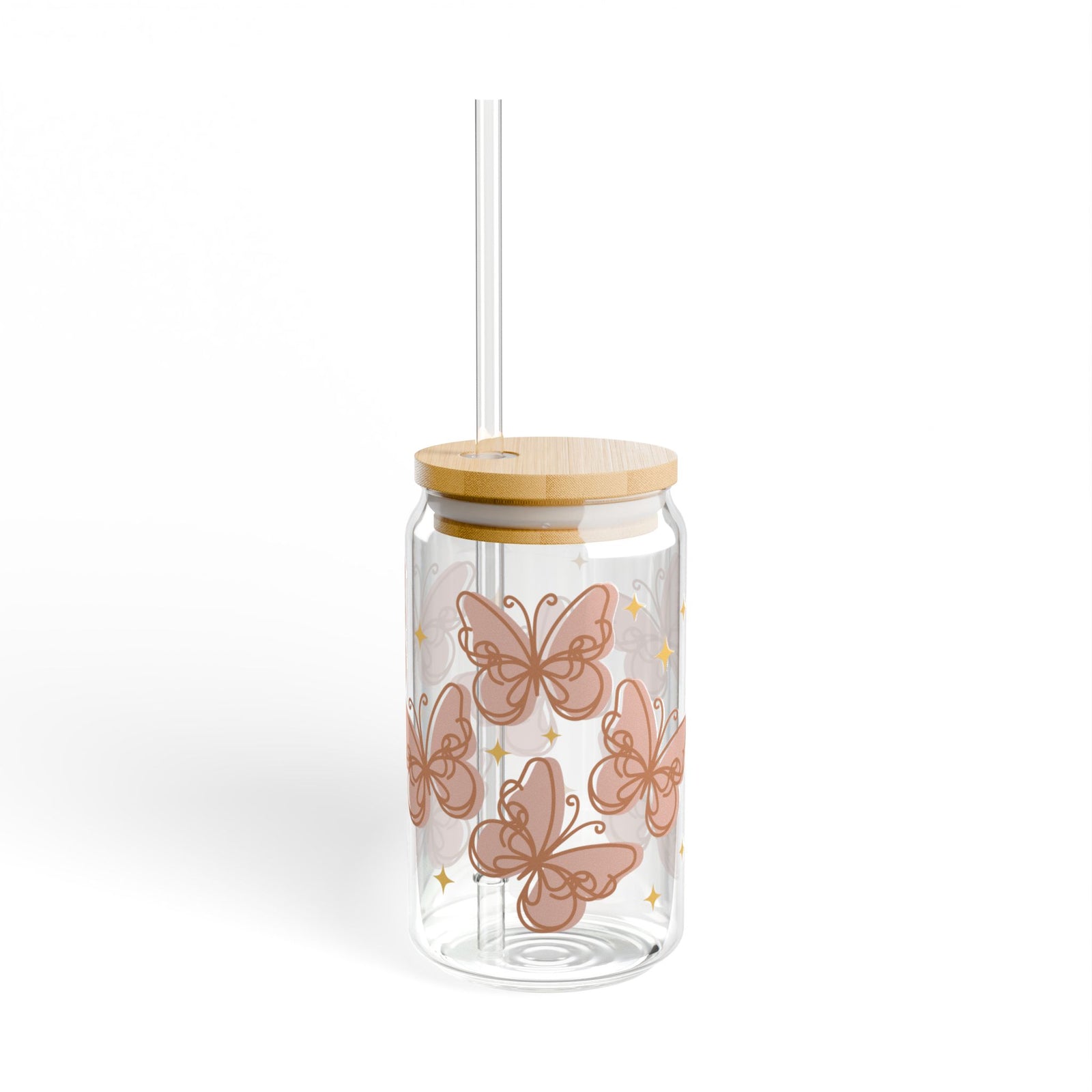 Peachy Butterfly Tumbler Sipper Glass 16oz — Reusable Drink Jar with Lid & Straw