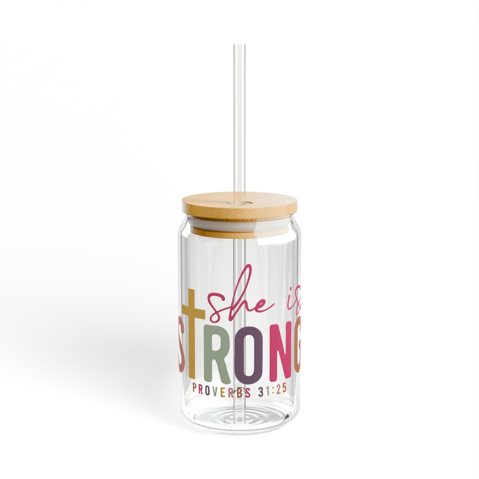 She Is Strong Proverbs 31:25 Inspirational Sipper Glass 16oz — Reusable Drink Jar with Lid & Straw