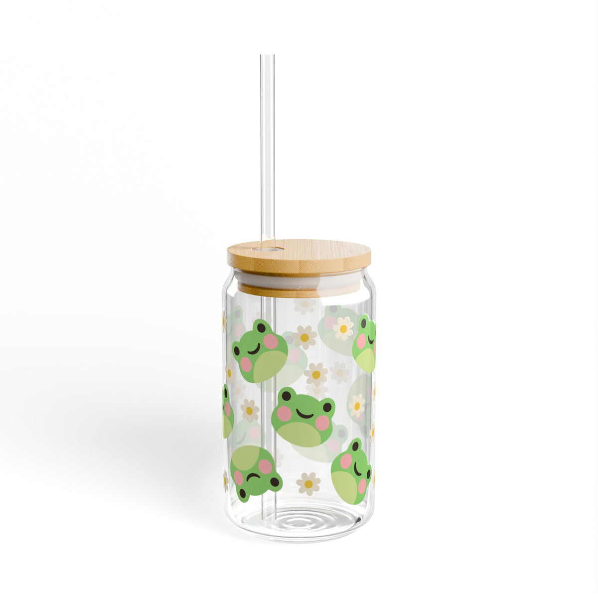 Kawaii Frog Daisy Tumbler Sipper Glass 16oz — Reusable Drink Jar with Lid & Straw - Sydney So Sweet