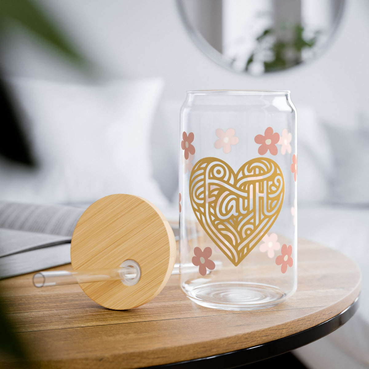 Faith Heart Floral Tumbler Sipper Glass 16oz — Reusable Drink Jar with Lid & Straw