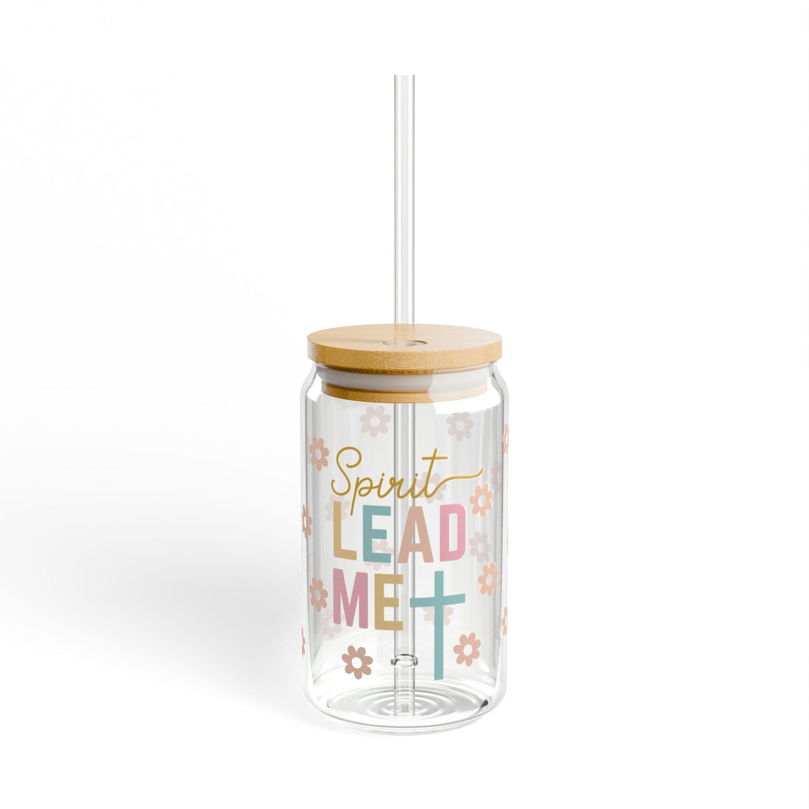 Spirit Lead Me Floral Christian Tumbler Sipper Glass 16oz — Reusable Drink Jar with Lid & Straw