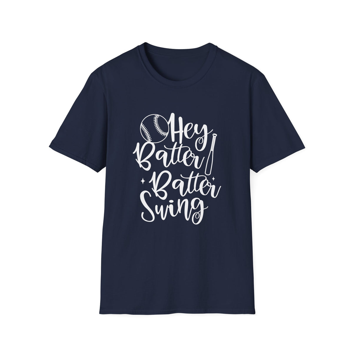 Hey Batter Batter Swing Baseball Graphic T-Shirt Cute Sports Mom Tee (12 Team Colors)