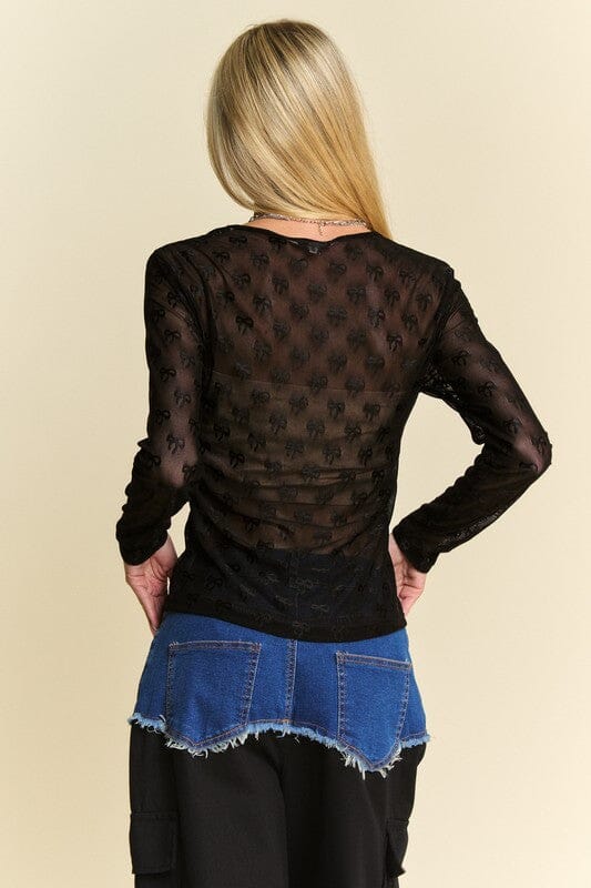 Davi & Dani Bow Mesh Round Neck Long Sleeve Top - Sydney So Sweet