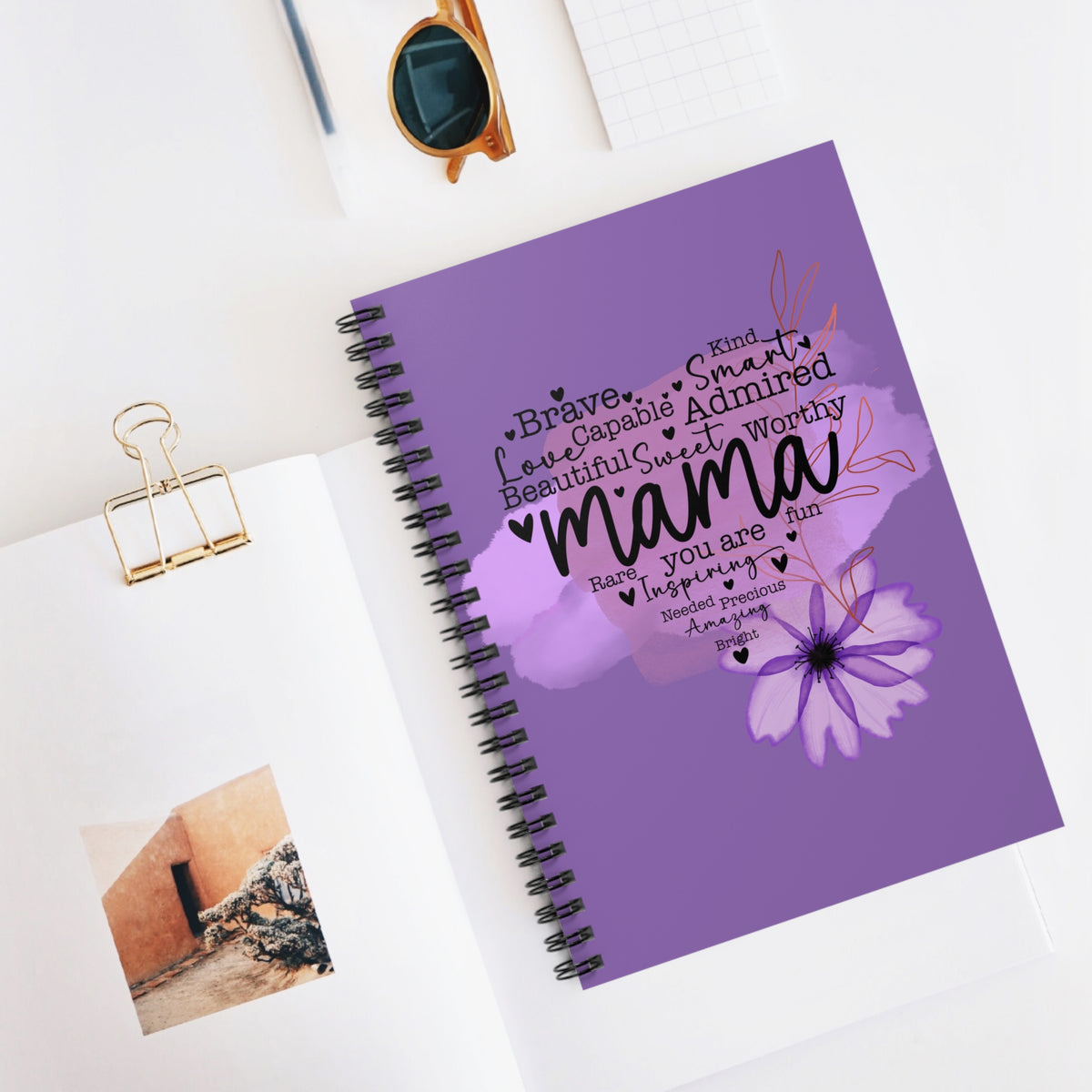 Purple Watercolor Mama Floral Spiral Notebook Inspirational Journal for Mom