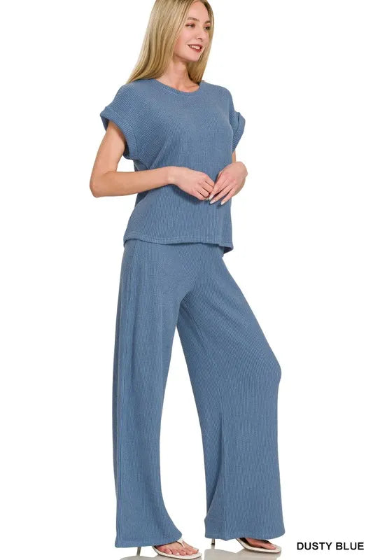 Zenana Rolled Sleeve Top and Pants Sweater Set - Sydney So Sweet