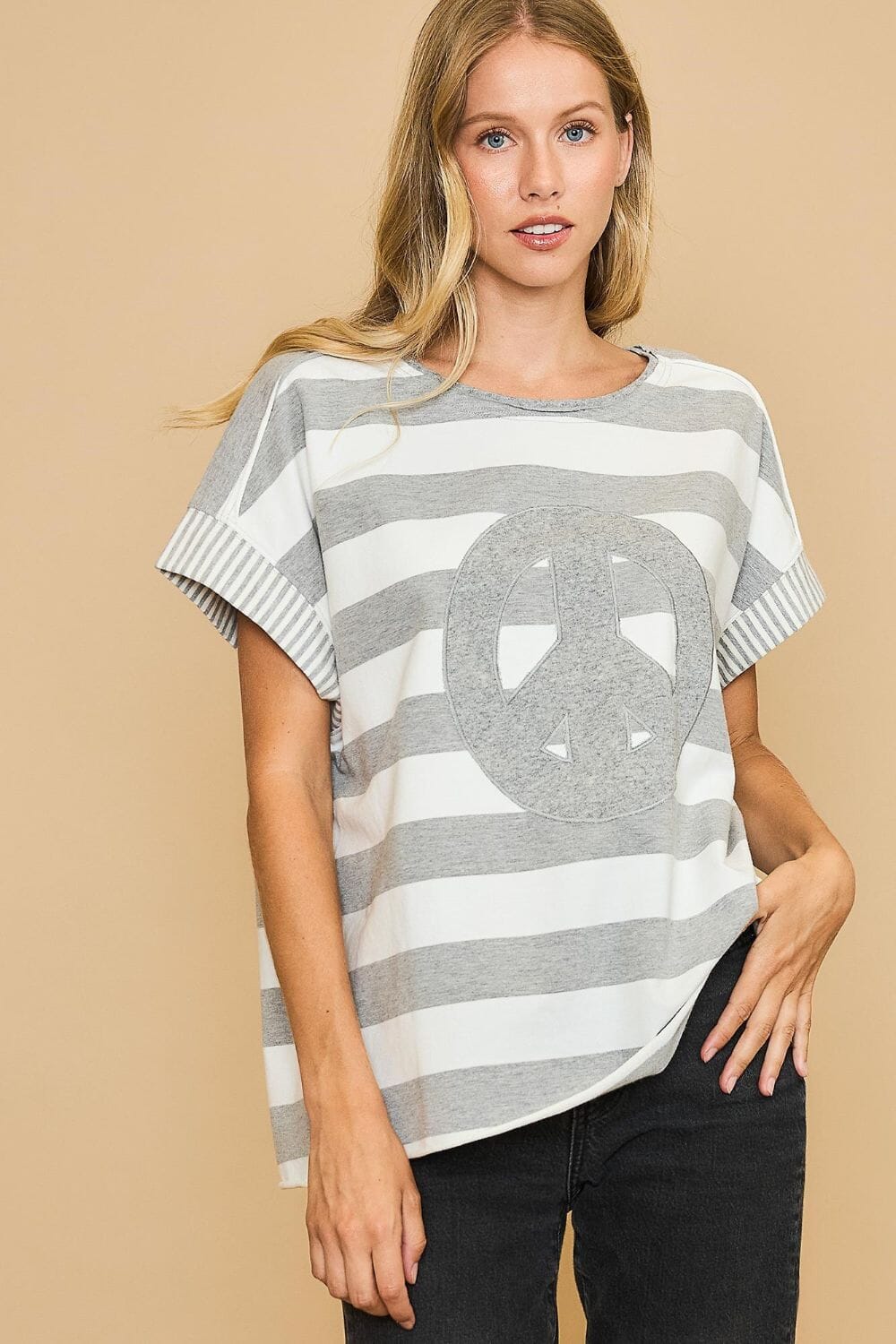 Umgee Peace Sign Patch Striped French Terry T-Shirt - Sydney So Sweet