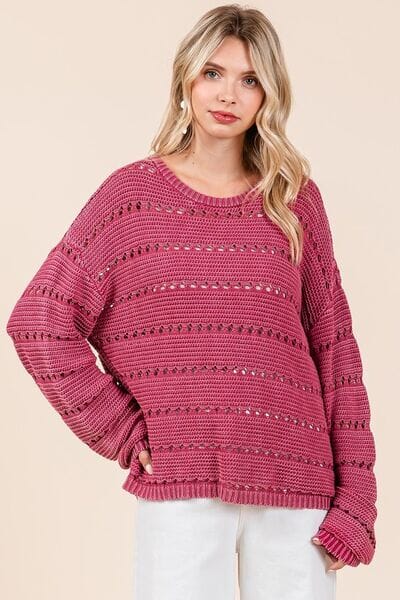 Mittoshop Openwork Round Neck Drop Shoulder Sweater - Sydney So Sweet