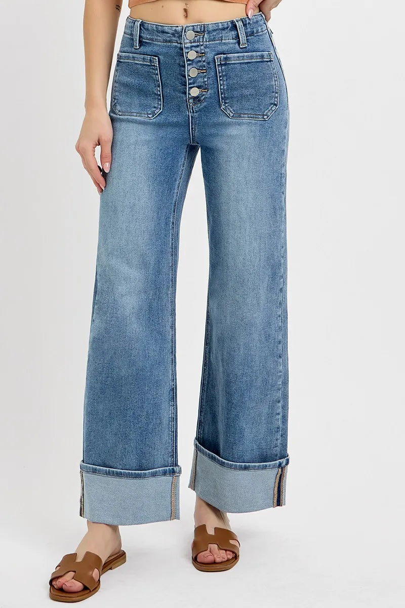 RISEN High Rise Ankle Wide Button Patch Pocket Cuffed Jeans - Sydney So Sweet