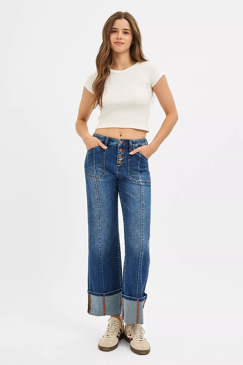 RISEN Full Size High Rise Crop Wide Straight Cuffed Jeans Plus Size - Sydney So Sweet