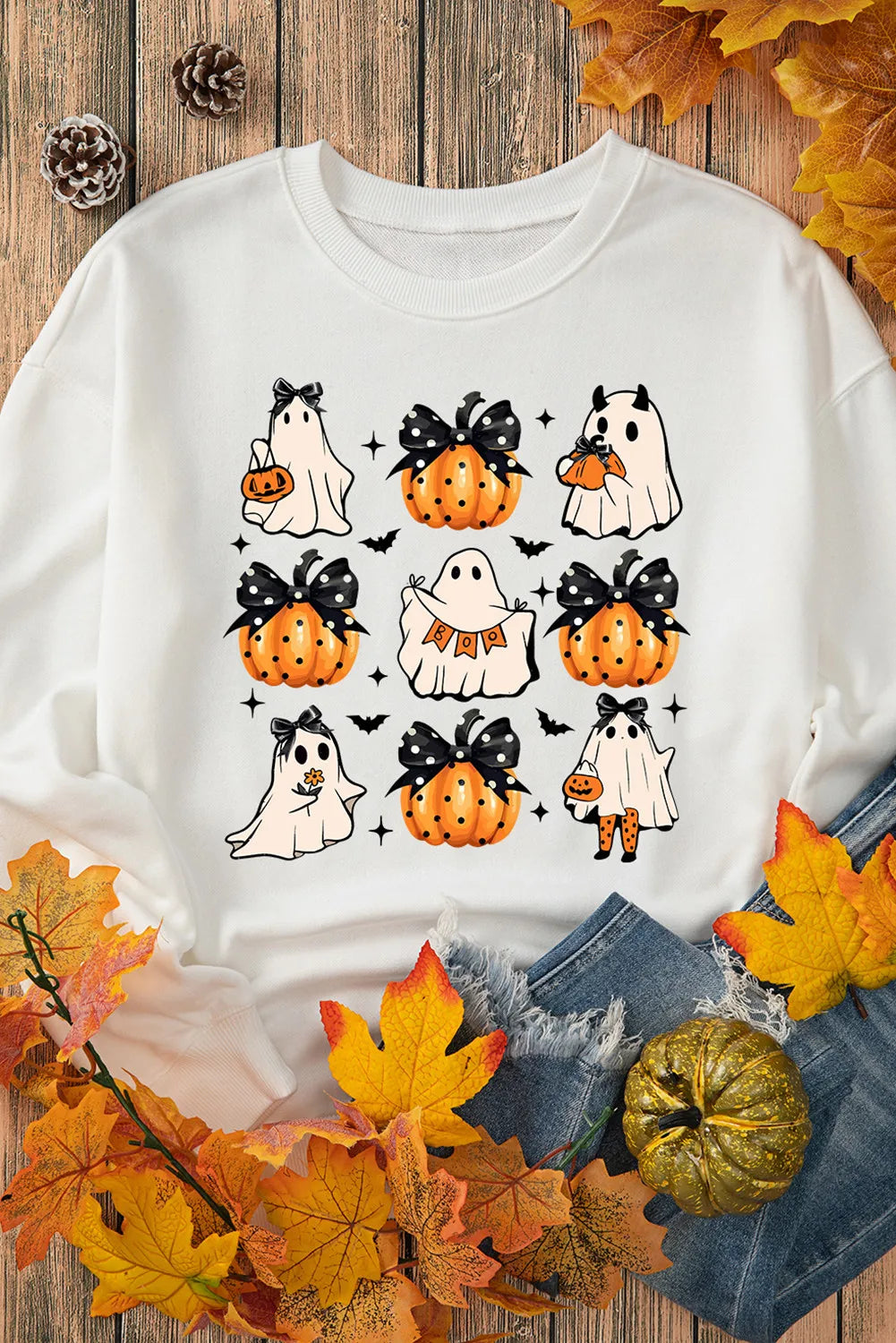 Pumpkin & Ghost Round Neck Long Sleeve Women's Graphic Sweatshirt - Sydney So Sweet