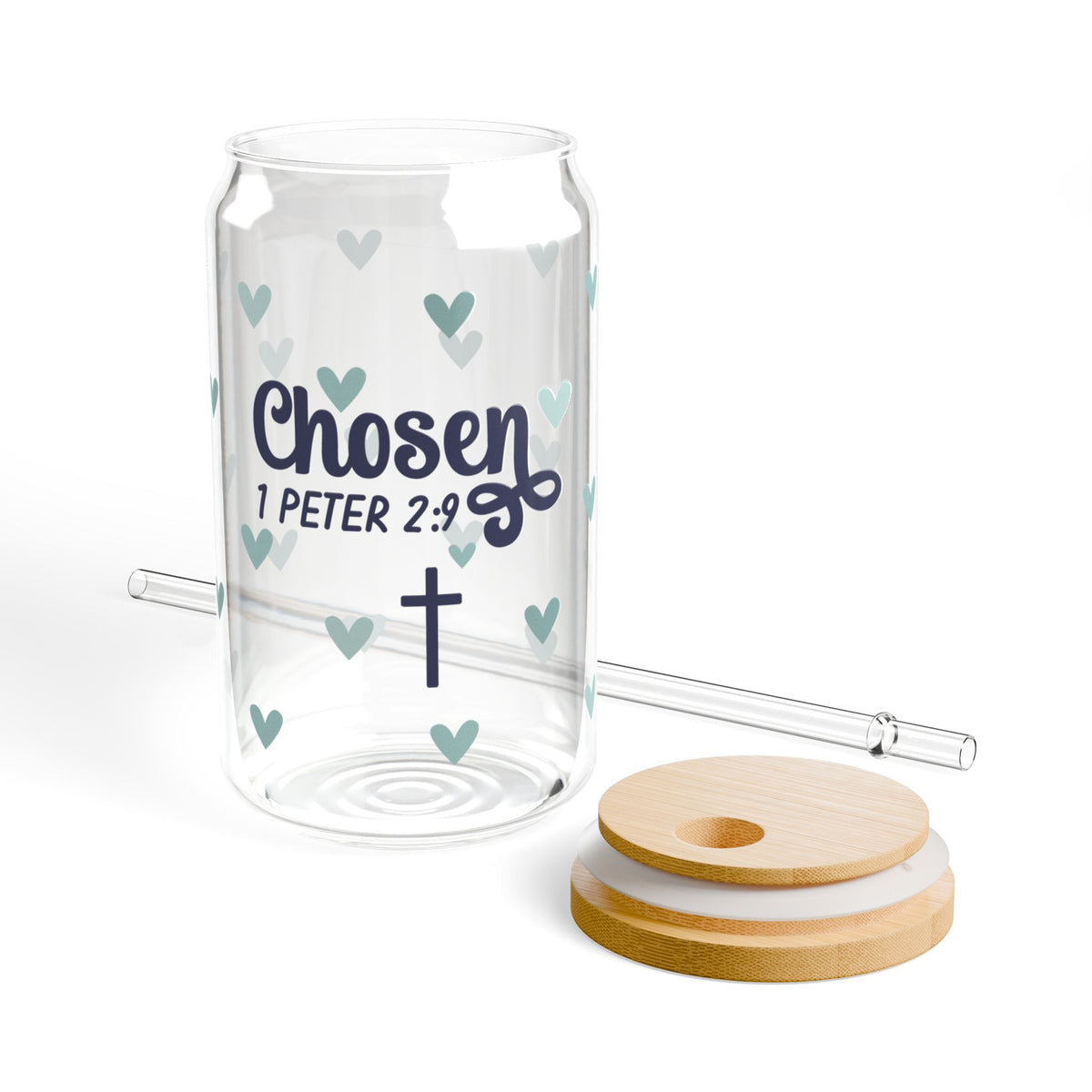 Chosen 1 Peter 2:9 Heart Sipper Glass 16oz — Reusable Drink Jar with Lid & Straw