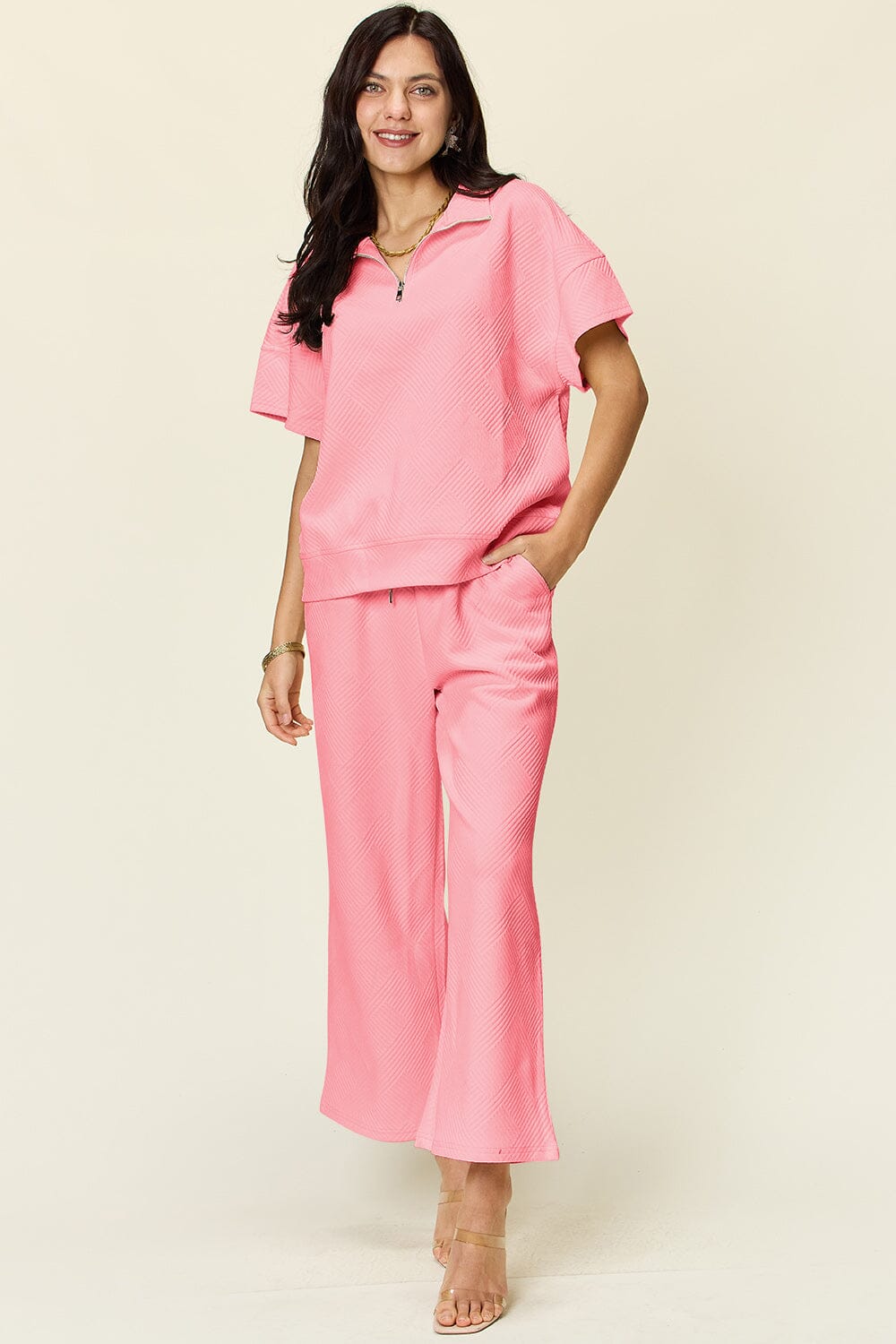 Double Take Full Size Texture Half Zip Short Sleeve Top and Pants Set - Sydney So Sweet