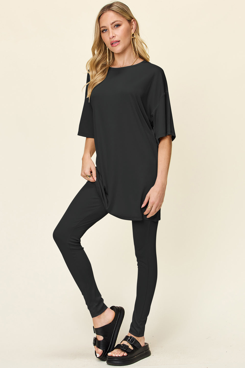 Double Take Full Size Round Neck Dropped Shoulder T-Shirt and Leggings Set - Sydney So Sweet