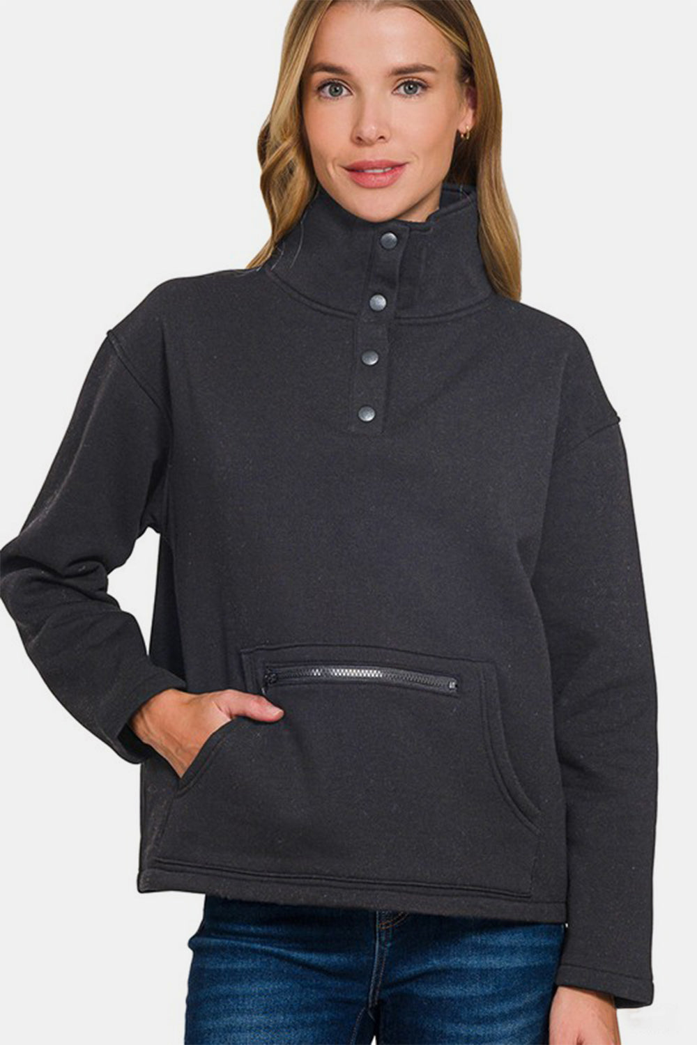 Zenana Turtleneck Half Snap Fleece Sweatshirt - Sydney So Sweet