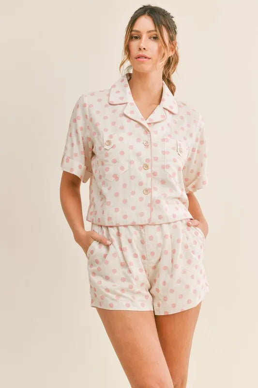 MABLE Polka Dot Collar Crop Top and Short Lounge Set - Sydney So Sweet