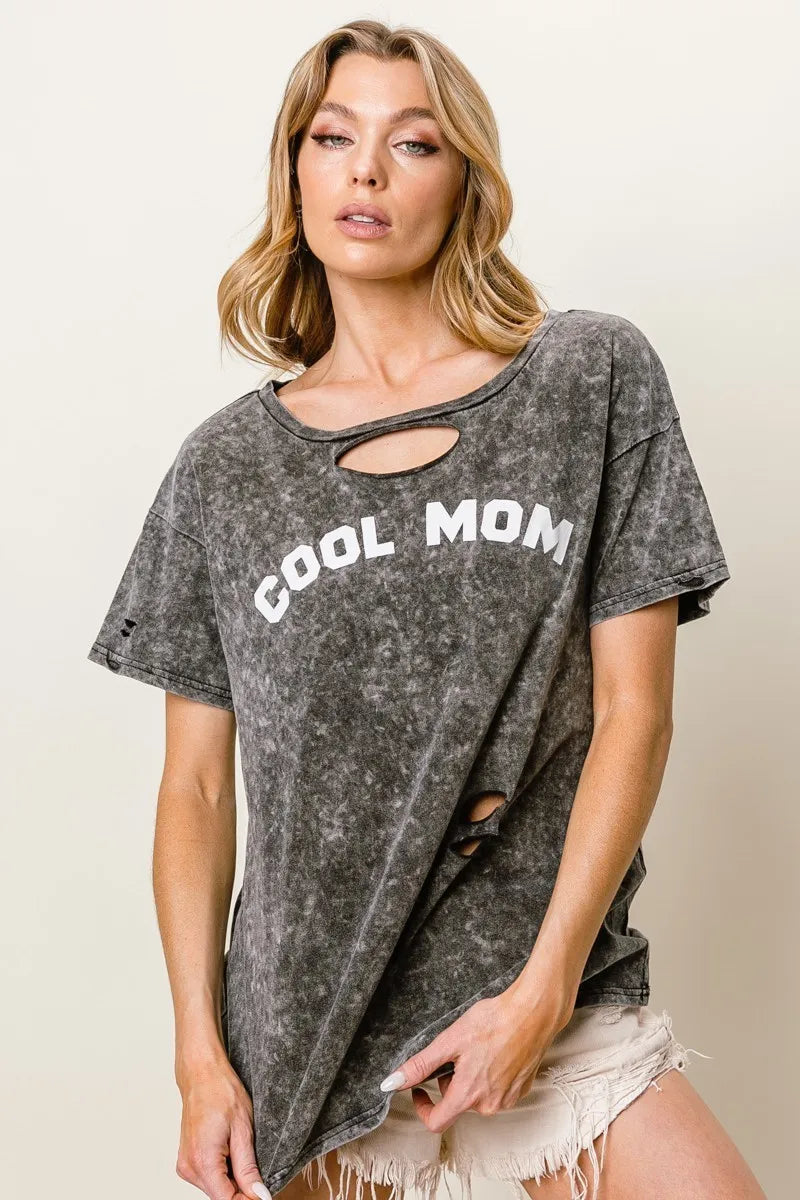 BiBi Washed Laser Cut Detail Cool Mom Print Top - Sydney So Sweet