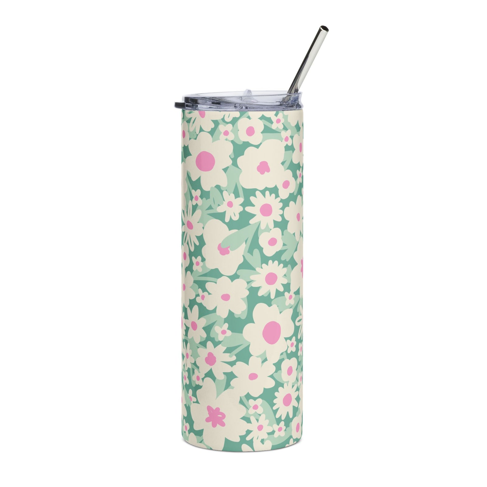 Pastel Pink & Green Daisy 20oz Floral Stainless Tumbler Travel Cup