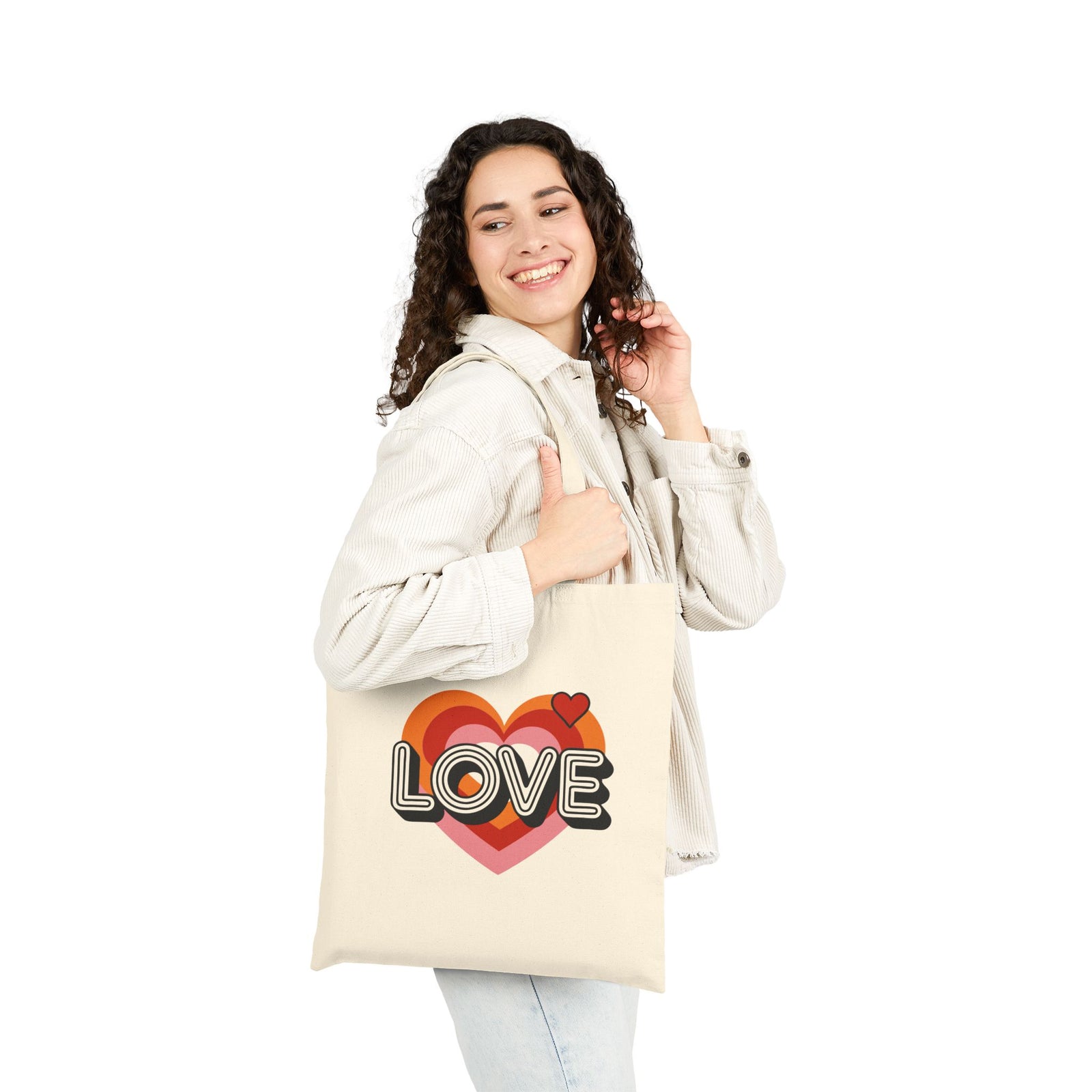 Love Heart Retro 70s Vintage Love Shopper Cotton Canvas Tote Bag