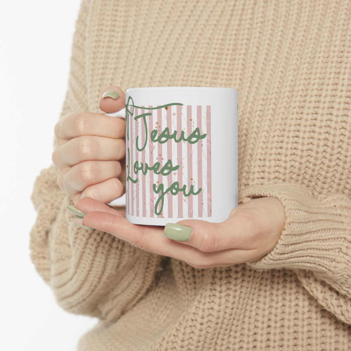 Jesus Loves You Pink Stripe Inspirational Ceramic Mug Coffee Cup (11oz & 15oz)