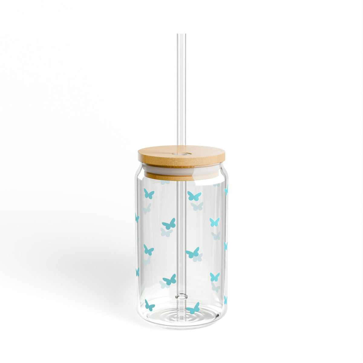 Mini Butterfly Turquoise Blue Sipper Glass 16oz — Reusable Drink Jar with Lid & Straw