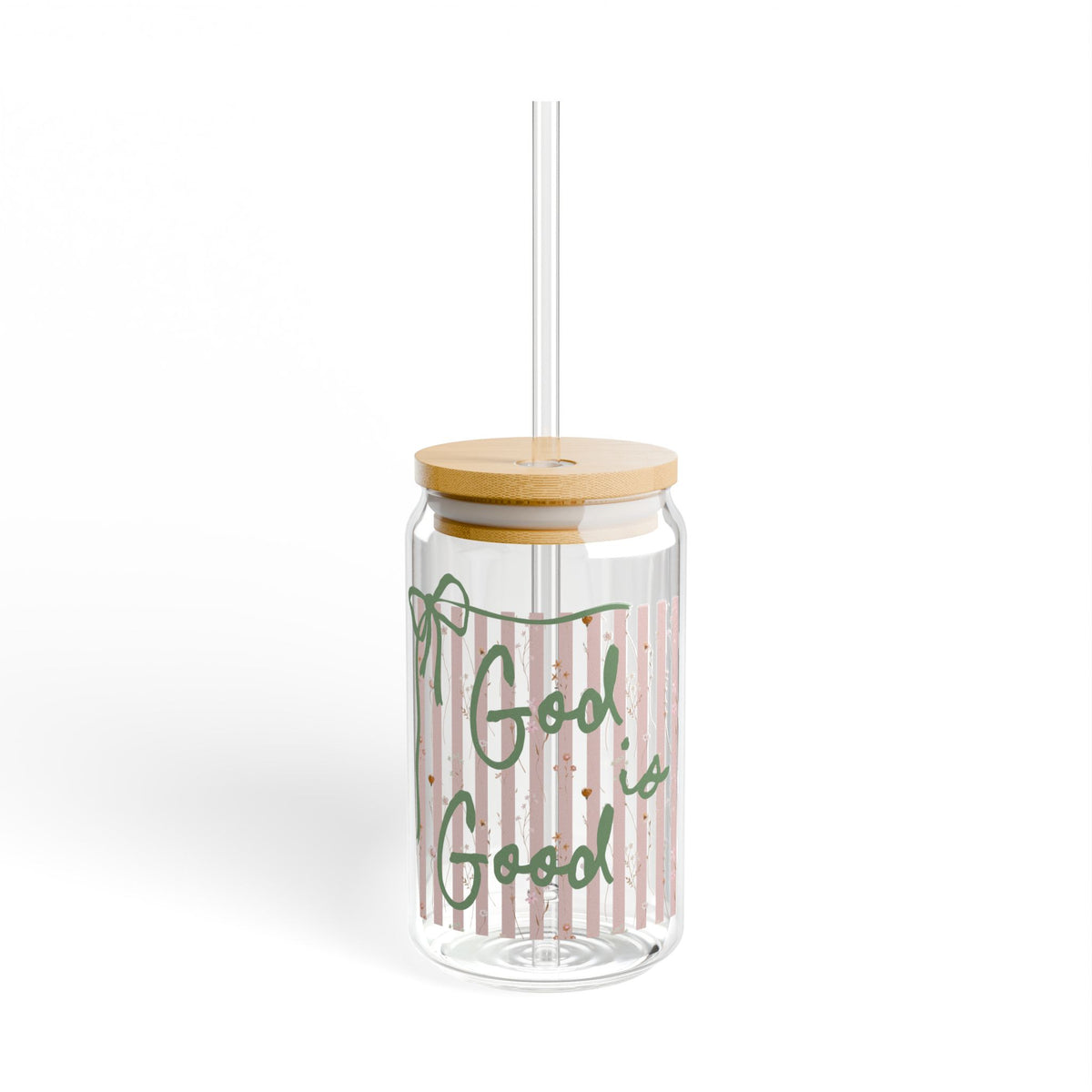 God is Good Pink Stripe Sipper Glass 16oz Reusable Drink Jar with Lid & Straw