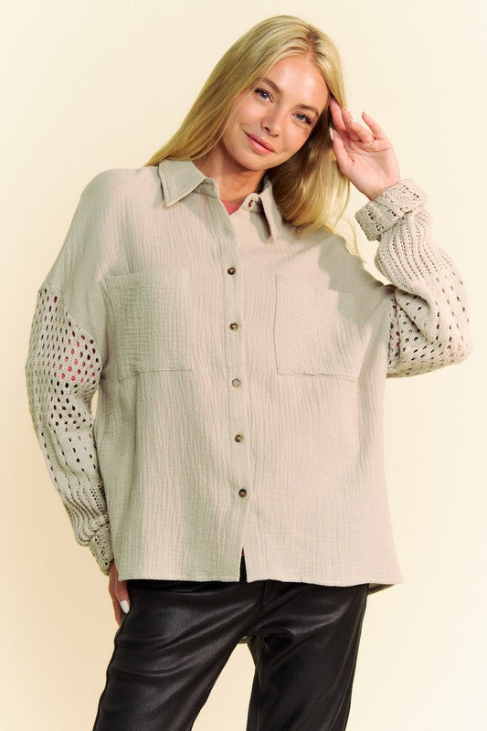 Davi & Dani Crochet Sleeve Crinkled Texture Shirt - Sydney So Sweet