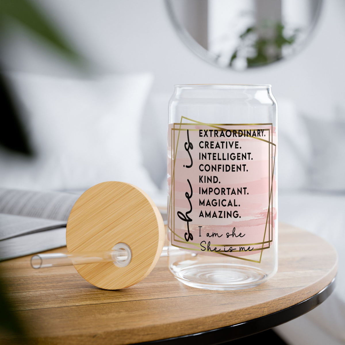 She is Me Inspirational Tumbler Sipper Glass 16oz — Reusable Drink Jar with Lid & Straw - Sydney So Sweet