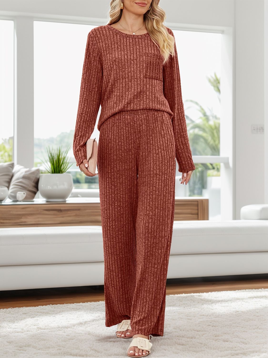 Round Neck Long Sleeve Top and Pants Set - Sydney So Sweet