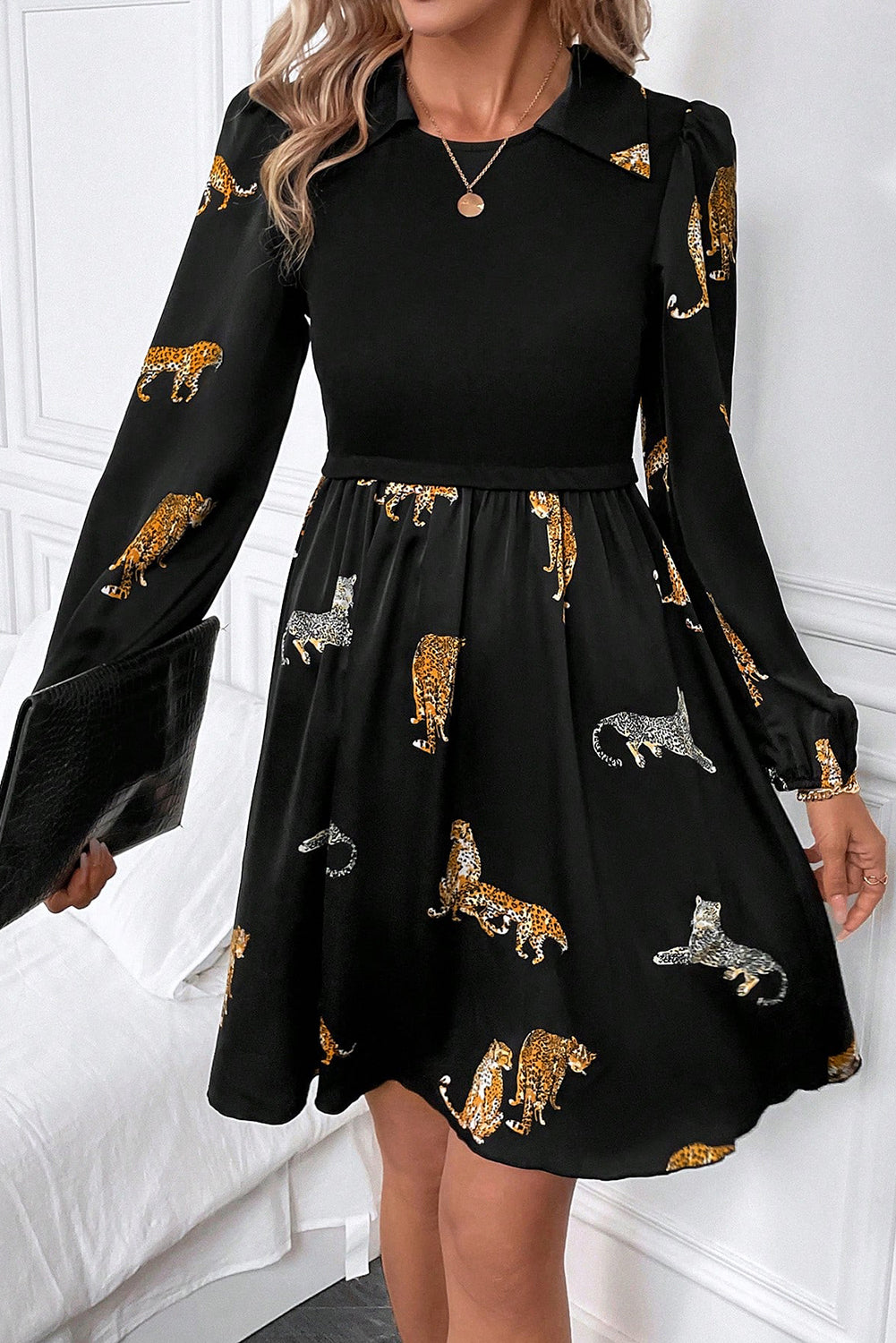 Animal Collared Neck Balloon Sleeve Mini Dress - Sydney So Sweet