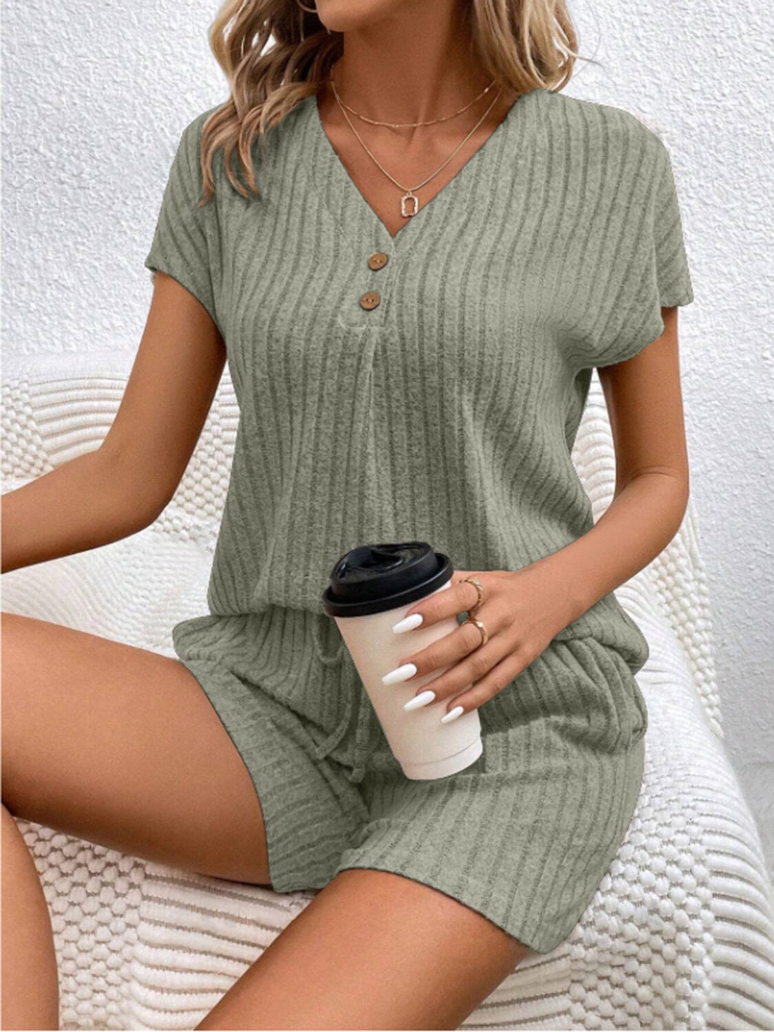 Ribbed V-Neck Top and Shorts Set - Sydney So Sweet