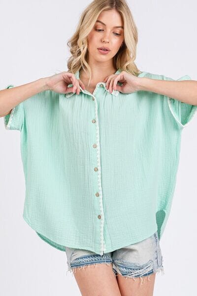 SAGE+FIG Boho Contrast Zigzag Trim Gauze Button-Up Shirt - Sydney So Sweet