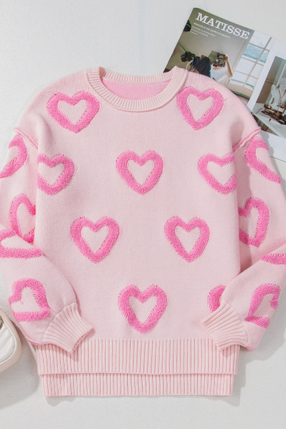 High-Low Heart Round Neck Long Sleeve Sweater - Sydney So Sweet