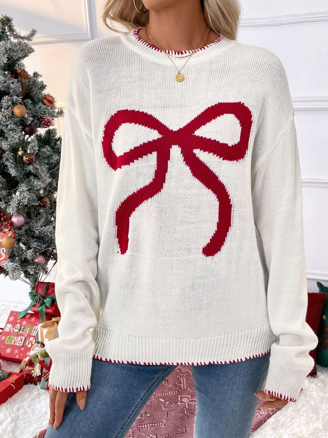 Perfee Bow Round Neck Long Sleeve Sweater - Sydney So Sweet