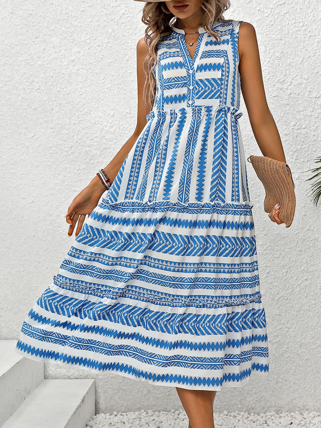 Frill Printed Notched Sleeveless Dress - Sydney So Sweet