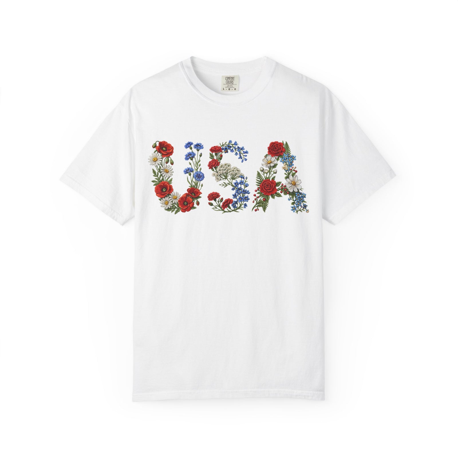 USA Floral Letters T-Shirt Botanical Lettering Patriotic Graphic Tee
