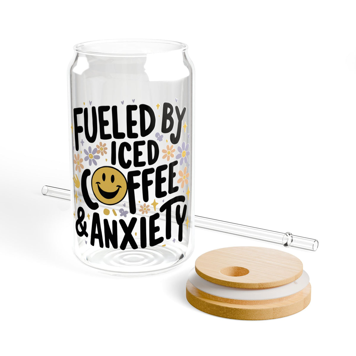 Fuel By Iced Coffee & Anxiety Smile Sipper Glass 16oz Reusable Drink Jar with Lid & Straw