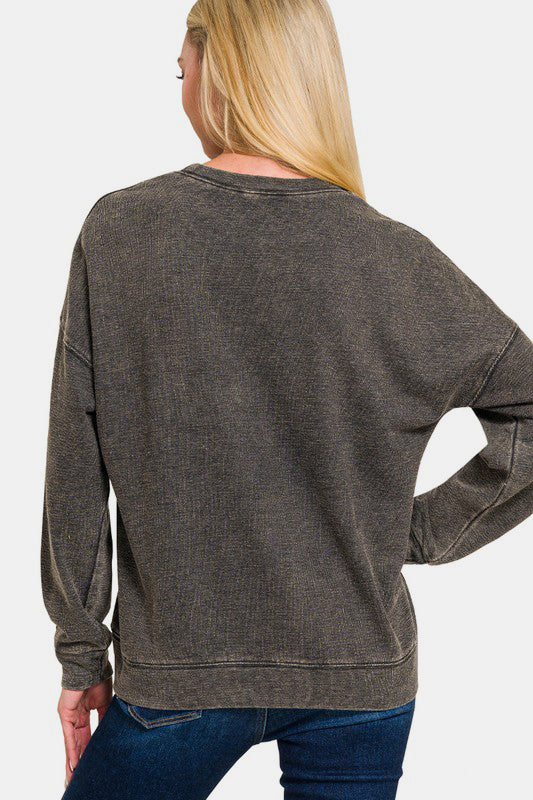 Zenana Washed Round Neck Dropped Shoulder Sweatshirt - Sydney So Sweet